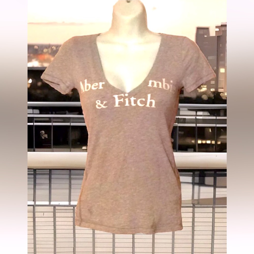 ➡️ABERCROMBIE & FITCH⬅️ PLUNGE V-NECK GRAPHIC LOGO FITTED T-SHIRT EUC🩶